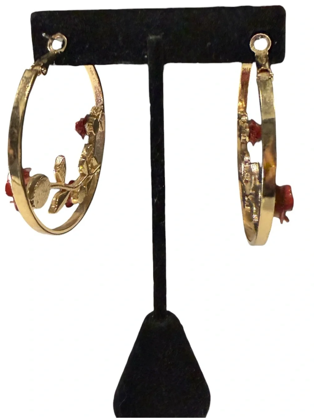 Gold Hoop Earrings Whimsical Cottagecore 3D Red Enamel Rose Vine